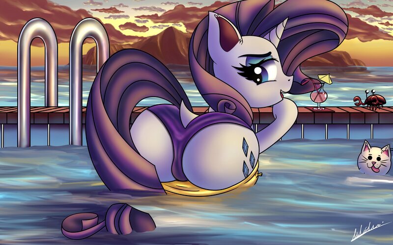 Size: 4000x2500 | Tagged: questionable, artist:draconightmarenight, derpibooru import, rarity, crab, pony, unicorn, beach, clothes, drink, floaty, flotation device, fully shaded, horizon, inflatable, inflatable toy, pool toy, sexy, sexy face, solo, summer, sunset, swimming pool, swimsuit