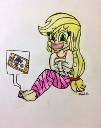 Size: 2448x3096 | Tagged: safe, artist:michaelmaddox222, deleted from derpibooru, derpibooru import, applejack, rarity, human, equestria girls, barefoot, bondage, colored, duct tape, feet, female, gag, looking down, mobile phone, mummification, pencil drawing, phone, signature, solo, straitjacket, tape, tape bondage, tape gag, traditional art, worried