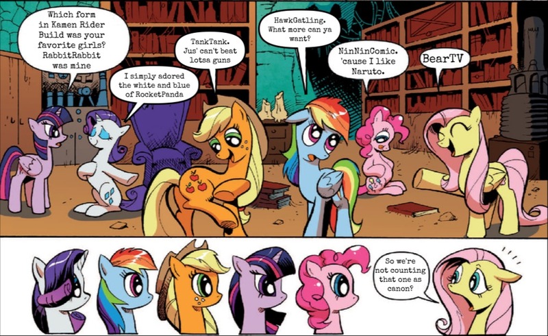 Size: 1020x625 | Tagged: safe, derpibooru import, edit, idw, applejack, fluttershy, pinkie pie, rainbow dash, rarity, twilight sparkle, twilight sparkle (alicorn), alicorn, earth pony, pegasus, pony, unicorn, spoiler:comic, spoiler:comic17, exploitable meme, kamen rider, kamen rider build, mane 6 interests, mane six, meme, obligatory pony