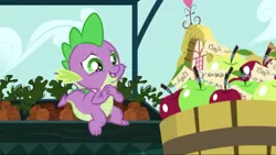 Size: 1280x720 | Tagged: safe, derpibooru import, screencap, spike, dragon, the big mac question, apple, claws, cute, fangs, food, ponyville, spikabetes, tail, winged spike, wings