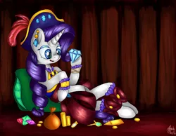 Size: 2722x2115 | Tagged: safe, artist:appleneedle, derpibooru import, rarity, pony, unicorn, my little pony: the movie, bag, clothes, coin, cute, diamonds, female, hat, high res, jewels, looking at something, mare, open mouth, pillow, pirate, pirate hat, pirate rarity, raribetes, solo