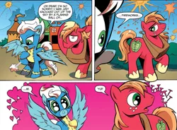 Size: 1171x864 | Tagged: safe, artist:andypriceart, derpibooru import, idw, big macintosh, fleetfoot, earth pony, pegasus, pony, zen and the art of gazebo repair, spoiler:comic, spoiler:comic09, comic, duo, female, fireworks, fleetmac, heart, infatuation, male, mare, nail, official comic, shipping, speech bubble, spread wings, stallion, straight, wingboner, wings