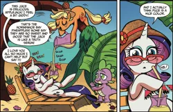 Size: 1070x691 | Tagged: safe, artist:brendahickey, derpibooru import, idw, applejack, rarity, spike, crab, dragon, earth pony, pony, unicorn, spoiler:comic, spoiler:comic13, beach, comic, drinking glass, female, food, hat, hiccups, lying, male, mare, official comic, on back, palm tree, pineapple, pineapple juice, pitcher, pouring, speech bubble, sunglasses, tree