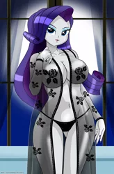 Size: 985x1500 | Tagged: suggestive, artist:chuyryu, derpibooru import, rarity, equestria girls, absolute cleavage, big breasts, breasts, busty rarity, cleavage, clothes, female, lingerarity, moon, night, no bra underneath, panties, partial nudity, robe, see-through, sexy, solo, solo female, strategically covered, stupid sexy rarity, topless, underwear, wide hips