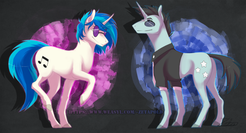 Size: 1305x705 | Tagged: safe, artist:zetapold, derpibooru import, neon lights, rising star, vinyl scratch, pony, unicorn, abstract background, clothes, cutie mark, duo, female, male, mare, necktie, raised hoof, shirt, stallion