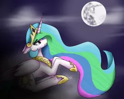 Size: 1000x800 | Tagged: artist:krissograph, crying, cutie mark, derpibooru import, ethereal mane, eye clipping through hair, floppy ears, jewelry, mare in the moon, moon, night, princess celestia, prone, redraw, regalia, safe, solo