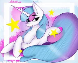 Size: 993x805 | Tagged: safe, artist:krissograph, derpibooru import, oc, unofficial characters only, pony, unicorn, abstract background, commission, eye clipping through hair, female, horn, long horn, long tail, looking sideways, mare, prone, smiling, solo, stars