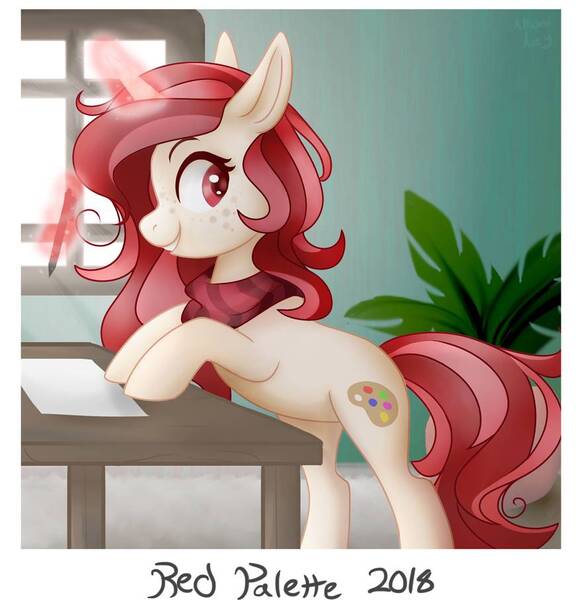 Size: 882x906 | Tagged: safe, artist:allionii-azy, derpibooru import, oc, oc:red palette, unofficial characters only, pony, unicorn, art trade, clothes, cutie mark, female, freckles, glowing horn, horn, magic, mare, pencil, scarf, smiling, solo, telekinesis