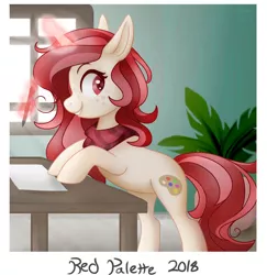 Size: 882x906 | Tagged: safe, artist:allionii-azy, derpibooru import, oc, oc:red palette, unofficial characters only, pony, unicorn, art trade, clothes, cutie mark, female, freckles, glowing horn, horn, magic, mare, pencil, scarf, smiling, solo, telekinesis