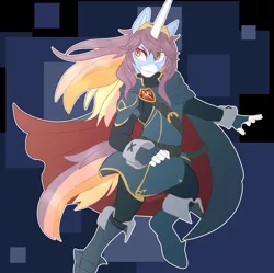 Size: 895x893 | Tagged: safe, artist:allionii-azy, derpibooru import, oc, oc:jenova, unofficial characters only, anthro, unguligrade anthro, unicorn, abstract background, armor, boots, cloak, clothes, coat markings, female, fire emblem, lucina, shoes, solo