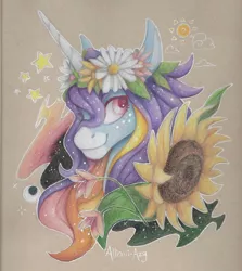 Size: 844x947 | Tagged: safe, artist:allionii-azy, derpibooru import, oc, oc:jenova, unofficial characters only, pony, unicorn, abstract background, bust, coat markings, female, floral head wreath, flower, flower in hair, freckles, mare, smiling, solo, sunflower, traditional art