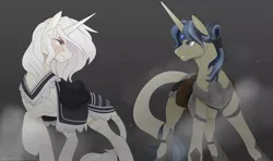 Size: 1024x605 | Tagged: safe, artist:allionii-azy, derpibooru import, oc, unofficial characters only, pony, unicorn, abstract background, armor, bag, clothes, coat markings, commission, duo, frown, grin, looking at each other, raised hoof, saddle bag, smiling, tail wrap