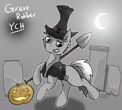 Size: 1500x1353 | Tagged: safe, artist:jesterpi, derpibooru import, pony, advertisement, bone, clothes, commission, costume, grave, gravestone, graveyard, halloween, hat, holiday, moon, pumpkin, shovel, smiling, trotting, your character here