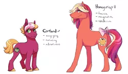 Size: 1323x769 | Tagged: safe, artist:zetapold, derpibooru import, oc, oc:cortland, oc:honeycrisp, unofficial characters only, earth pony, pony, bow, brother and sister, cutie mark, duo, female, male, offspring, parent:big macintosh, parent:cheerilee, parents:cheerimac, siblings, simple background, tail bow, white background