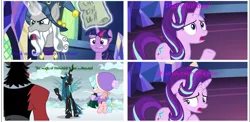 Size: 1915x937 | Tagged: safe, derpibooru import, edit, edited screencap, screencap, cozy glow, lord tirek, queen chrysalis, star swirl the bearded, starlight glimmer, twilight sparkle, twilight sparkle (alicorn), alicorn, centaur, changeling, changeling queen, pegasus, pony, unicorn, frenemies (episode), shadow play, bell, bewitching bell, broken aesop, comic, female, filly, grogar's bell, screencap comic, snow