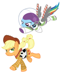 Size: 826x968 | Tagged: applejack, artist:lostinthetrees, buzz lightyear, clothes, cosplay, costume, crossover, derpibooru import, rainbow dash, safe, toy story, woody
