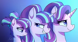 Size: 1980x1080 | Tagged: safe, artist:kaylerustone, derpibooru import, starlight glimmer, pony, unicorn, age progression, bust, character development, evil grin, eye clipping through hair, female, filly, filly starlight glimmer, frown, gradient background, grin, mare, pigtails, portrait, profile, s5 starlight, sad, sadlight glimmer, smiling, solo, triality, younger