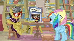 Size: 1920x1080 | Tagged: safe, derpibooru import, screencap, a.k. yearling, fluttershy, rainbow dash, pony, daring doubt, book, bookshelf, ladder, written equestrian