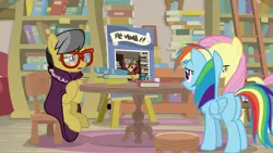 Size: 1920x1080 | Tagged: safe, derpibooru import, screencap, a.k. yearling, fluttershy, rainbow dash, pony, daring doubt, book, bookshelf, ladder, written equestrian