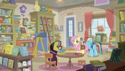 Size: 1920x1080 | Tagged: safe, derpibooru import, screencap, a.k. yearling, fluttershy, rainbow dash, pony, daring doubt, bag, book, bookshelf, ladder, saddle bag