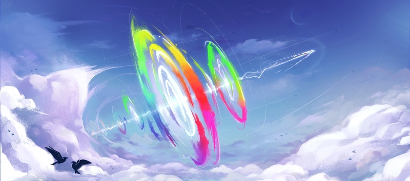 Size: 4330x1918 | Tagged: safe, artist:kaleido-art, derpibooru import, edit, rainbow dash, bird, pegasus, pony, cloud, cloudy, daytime, digital art, epic, female, flying, mare, moon, scenery, sky, solo, sonic rainboom, wallpaper