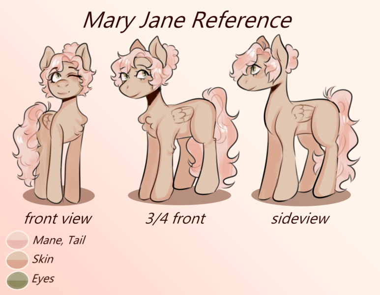 Size: 1900x1475 | Tagged: safe, artist:poofindi, derpibooru import, oc, oc:mary jane, pegasus, pony, 3/4 view, front view, one eye closed, palette, reference sheet, sideview, wink