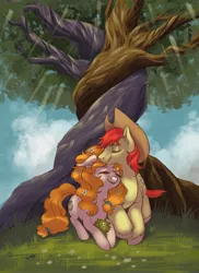 Size: 2400x3300 | Tagged: safe, artist:taytinabelle, derpibooru import, bright mac, pear butter, earth pony, pony, applejack's hat, brightbutter, cowboy hat, cute, cutie mark, digital art, ear fluff, eyes closed, female, flower, flower in hair, freckles, happy, hat, intertwined trees, male, mare, messy mane, nuzzling, shipping, smiling, stallion, straight, sun ray, tree, under the tree, unshorn fetlocks