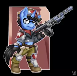 Size: 1146x1126 | Tagged: safe, artist:sabrib, derpibooru import, oc, oc:tinker doo, pony, unicorn, borderlands, clothes, cosplay, costume, glasses, gun, male, soldier, solo, weapon