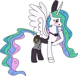 Size: 1957x1925 | Tagged: safe, artist:supahdonarudo, derpibooru import, edit, princess celestia, pony, blushing, bowtie, bunny ears, bunny suit, bunnylestia, clothes, cuffs (clothes), fishnets, simple background, transparent background