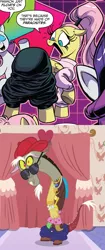 Size: 965x2300 | Tagged: safe, artist:andypriceart, derpibooru import, idw, screencap, discord, fluttershy, rarity, pegasus, pony, unicorn, discordant harmony, spoiler:comic, spoiler:comic64, 80s, alternate hairstyle, aroused, big eyelashes, bling, butt, clothes, cover up, cropped, cute, dialogue, discoshy, eyeliner, eyes closed, female, flutterbutt, fluttershy is not amused, frown, high ponytail, horrified, looking back, makeup, male, mare, no context, offscreen character, open mouth, pants, pants down, pants on the ground, parachute pants, plot, ponytail, raised hoof, rapper, sexy, shipping, smiling, straight, sunglasses, sweater, sweatershy, unamused, underwear, watch, wide eyes, wristwatch