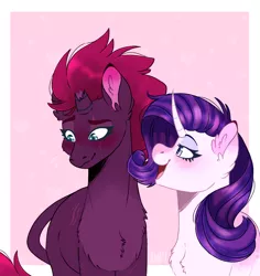 Size: 968x1024 | Tagged: safe, artist:wanderingpegasus, derpibooru import, rarity, tempest shadow, pony, unicorn, blushing, broken horn, digital art, eye scar, female, horn, lesbian, mare, scar, shipping, smiling, tempity