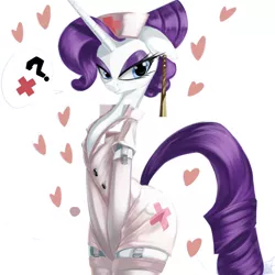 Size: 800x800 | Tagged: safe, artist:cladz, derpibooru import, rarity, semi-anthro, unicorn, colored, female, heart, mare, nurse outfit, question mark, simple background, solo, white background