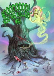 Size: 751x1063 | Tagged: angel bunny, animal, artist:1nkvisitor, blood, bone, dead, dead tree, derpibooru import, dialogue, duo, fluttershy, ghost, giving up the ghost, rabbit, semi-grimdark, skeleton, skeleton pony, skull, sword, tree, undead, weapon