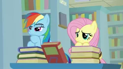 Size: 1920x1080 | Tagged: safe, derpibooru import, screencap, fluttershy, rainbow dash, pony, daring doubt, book, bookshelf