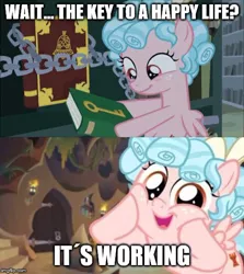 Size: 500x561 | Tagged: safe, derpibooru import, edit, edited screencap, screencap, cozy glow, pegasus, pony, the summer sun setback, a better ending for cozy, alternate ending, book, caption, cozy glow is best facemaker, cozybetes, cute, foal, image macro, solo, squishy cheeks, text