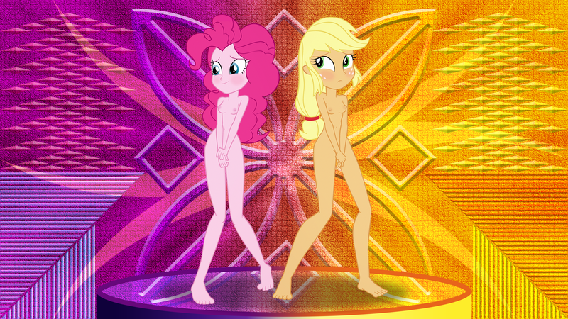 Size: 3840x2160 | Tagged: questionable, artist:invisibleink, artist:laszlvfx, derpibooru import, edit, editor:cndesmondharper, applejack, pinkie pie, equestria girls, ashamed, barefoot, blushing, breasts, covering, covering crotch, embarrassed, embarrassed nude exposure, feet, female, females only, looking away, nipples, nudity, show accurate, vector, wallpaper, wallpaper edit