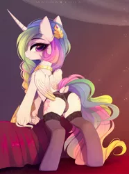 Size: 1920x2576 | Tagged: suggestive, artist:magnaluna, derpibooru import, princess celestia, alicorn, pony, adorasexy, bipedal, bipedal leaning, butt, cameltoe, clothes, cute, cutelestia, dock, ear fluff, female, leaning, lingerie, looking at you, looking back, looking back at you, mare, panties, plot, sexy, socks, solo, solo female, stockings, stupid sexy celestia, sunbutt, thigh highs, underwear, unshorn fetlocks