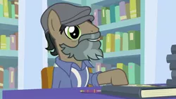 Size: 1920x1080 | Tagged: safe, derpibooru import, screencap, doctor caballeron, pony, daring doubt, book, bookshelf, groom q.q. martingale, solo