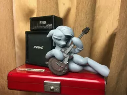 Size: 4032x3024 | Tagged: safe, artist:shuxer59, derpibooru import, pinkie pie, earth pony, pony, semi-anthro, clothes, craft, electric guitar, female, floppy ears, guitar, hoof hold, mare, musical instrument, pinkamena diane pie, polymer clay, sculpture, side, solo, speakers
