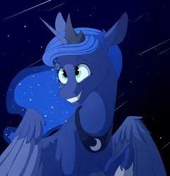 Size: 1280x1326 | Tagged: safe, artist:esterens, derpibooru import, princess luna, alicorn, pony, cute, female, lunabetes, mare, night, no more ponies at source, shooting star, sky, smiling, solo, starry night, stars, two toned wings, wings
