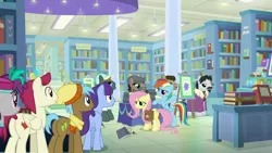 Size: 1920x1080 | Tagged: safe, derpibooru import, screencap, doctor caballeron, fluttershy, neigh sayer, november rain, pinot noir, rainbow dash, shiraz, silver berry, sugar maple, pony, daring doubt, book, bookshelf, friendship student, groom q.q. martingale