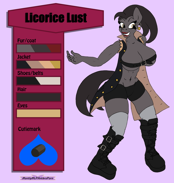 Size: 2043x2160 | Tagged: questionable, artist:mostlymlpanthroporn, derpibooru import, oc, oc:licorice lust, anthro, boots, breasts, cleavage, clothes, female, nudity, reference sheet, shoes, sketch