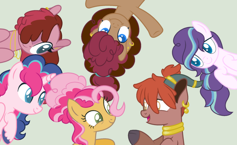 Size: 1980x1212 | Tagged: safe, artist:justanotherfan-trash, derpibooru import, oc, oc:candy shield, oc:jack, oc:molly, oc:party cheese, oc:penelope, oc:rock candy, unofficial characters only, earth pony, hybrid, original species, pony, unicorn, yakony, brother and sister, cloven hooves, ear piercing, earring, female, green background, hair over one eye, half-siblings, interspecies offspring, jewelry, male, offspring, on back, parent:cheese sandwich, parent:pinkie pie, parent:prince rutherford, parent:shining armor, parents:cheesepie, parents:pinkieford, parents:shiningpie, piercing, siblings, simple background, sisters