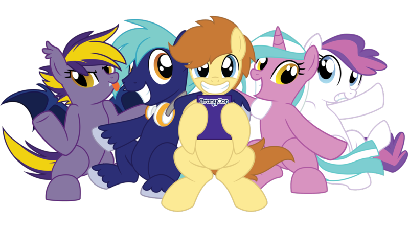 Size: 1192x670 | Tagged: safe, artist:showtimeandcoal, derpibooru import, oc, oc:blank canvas, oc:blazing star, oc:hoof beatz, oc:mane event, oc:tech, oc:techmagic, unofficial characters only, bat pony, earth pony, pegasus, pony, unicorn, bronycon, bronycon mascots, commission, con mascots, convention, convention mascots, digital art, mascot, mascots, simple background, transparent background, vector