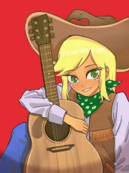 Size: 2048x2732 | Tagged: safe, artist:nanjun404, derpibooru import, applejack, equestria girls, equestria girls series, five to nine, bandana, beautiful, clothes, cowboy hat, cowgirl, cute, female, guitar, hat, high res, jackabetes, jeans, musical instrument, pants, pixiv, red background, simple background, sitting, smiling, solo