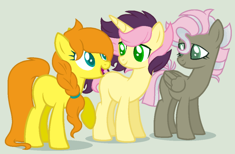 Size: 1023x669 | Tagged: safe, artist:justanotherfan-trash, derpibooru import, oc, oc:golden butterfly, oc:sweet feather, oc:writter, unofficial characters only, earth pony, pegasus, pony, unicorn, female, green background, half-siblings, mare, offspring, parent:big macintosh, parent:fluttershy, parent:thunderlane, parent:written script, parents:fluttermac, parents:flutterscript, parents:thundershy, siblings, simple background, sisters, trio