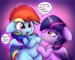 Size: 2500x2000 | Tagged: suggestive, artist:heavymetalbronyyeah, derpibooru import, rainbow dash, twilight sparkle, twilight sparkle (alicorn), alicorn, pegasus, pony, :o, bedroom eyes, belly button, blushing, chest fluff, cutie mark, dialogue, ear fluff, eyebrows visible through hair, female, floppy ears, flustered, gasp, gradient background, grin, lemme smash, lesbian, looking at each other, mare, no nostrils, open mouth, shipping, silly, smiling, speech bubble, spread wings, talking, taste the rainbow, text, twidash, wingboner, wings