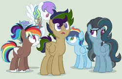 Size: 1236x804 | Tagged: safe, artist:justanotherfan-trash, derpibooru import, oc, oc:blue storm, oc:daring colour, oc:dark colours, oc:quick zap, oc:raindrop, unofficial characters only, pegasus, pony, blaze (coat marking), brother and sister, eyeshadow, female, green background, half-siblings, makeup, male, multicolored eyes, multicolored hair, offspring, parent:quibble pants, parent:rainbow dash, parent:soarin', parent:troubleshoes clyde, parents:quibbledash, parents:soarindash, parents:troubledash, rainbow hair, siblings, simple background, unshorn fetlocks