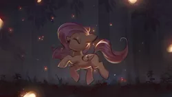 Size: 2201x1239 | Tagged: safe, artist:mirroredsea, derpibooru import, fluttershy, firefly (insect), insect, pegasus, pony, cute, eyes closed, female, filly, filly fluttershy, folded wings, forest, night, open mouth, outdoors, prancing, profile, scenery, shyabetes, smiling, solo, tree, wings, younger