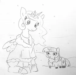 Size: 1339x1325 | Tagged: safe, artist:tjpones, derpibooru import, princess celestia, twilight sparkle, pony, clothes, coat, cute, cutelestia, duo, monochrome, pencil drawing, snow, snowfall, traditional art, twiabetes, twiggie, winter outfit